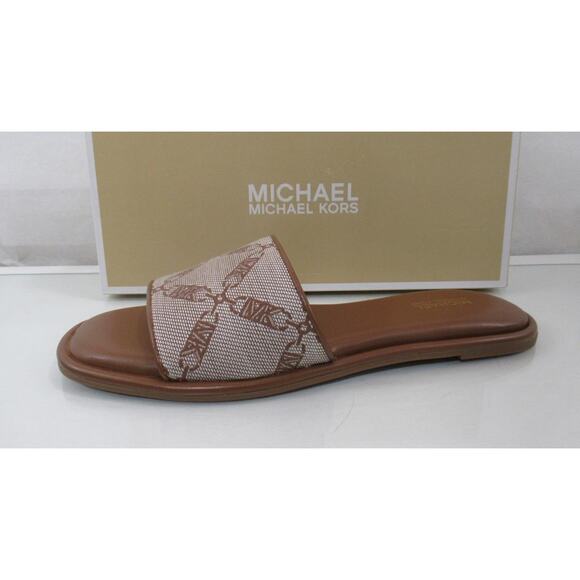 Michael Kors Hayworth Empire Logo Jacquard Slide Sandal Natural Luggage Size 7.5 - Picture 2 of 7